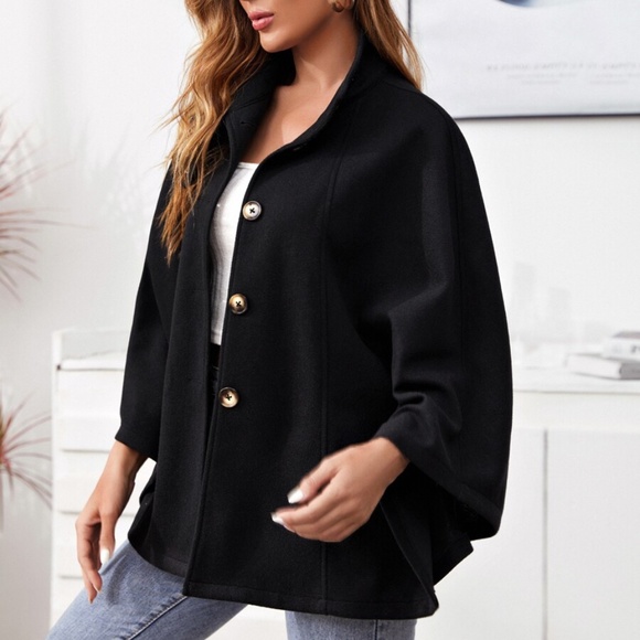 mock neck button cape pea coat cloak sleeve wine - Picture 8 of 10